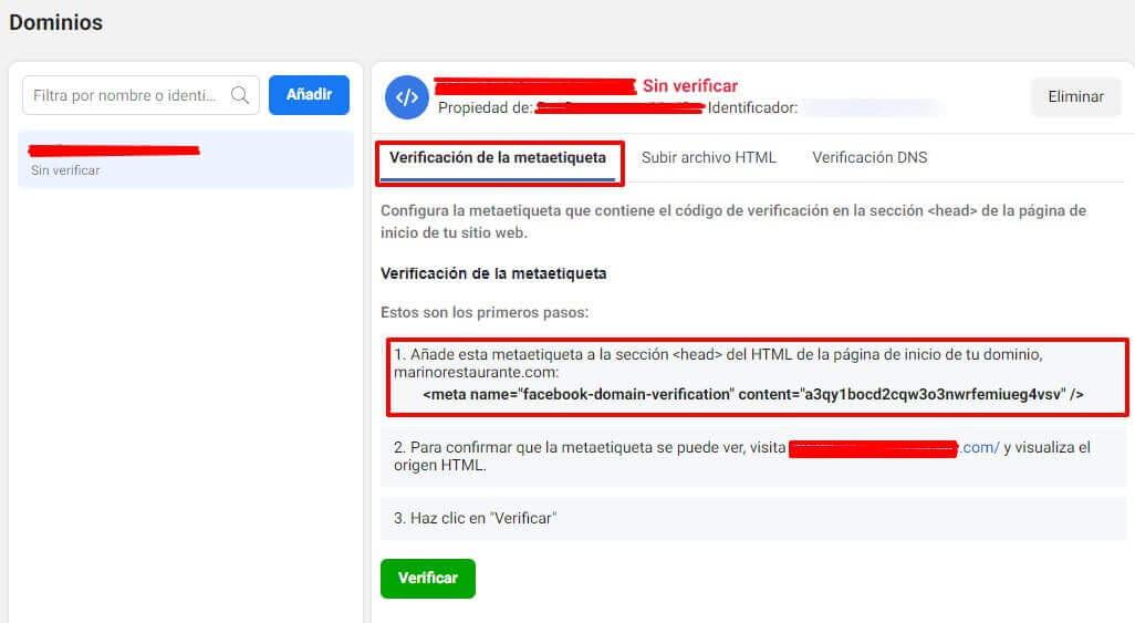 Business Manager de Facebook: verificación metaetiqueta
