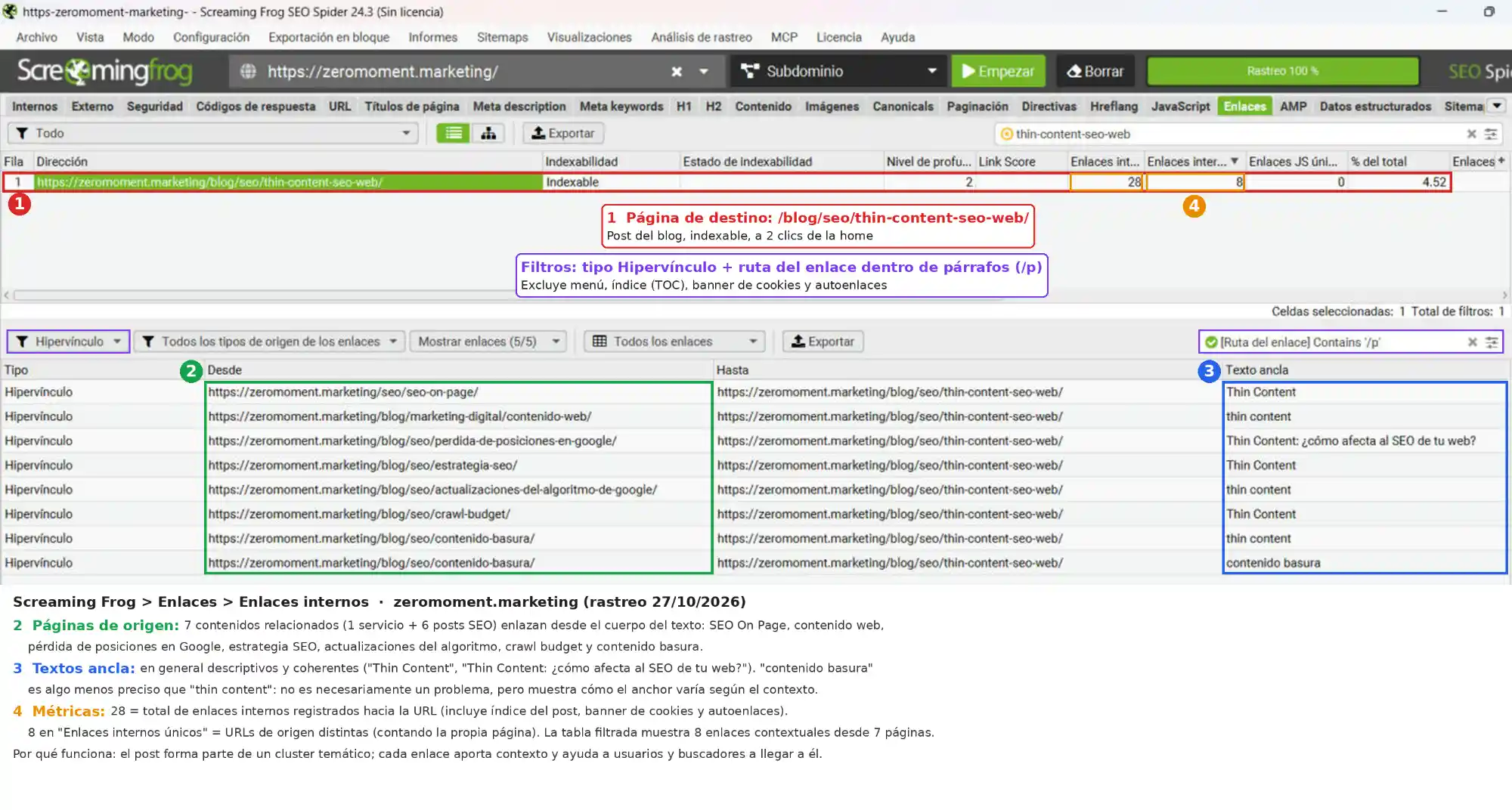 Enlaces internos hacia una entrada del blog analizados con Screaming Frog
