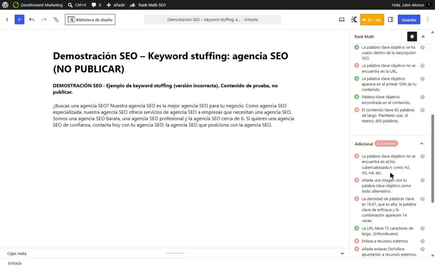 Ejemplo de keyword stuffing analizado con Rank Math en WordPress