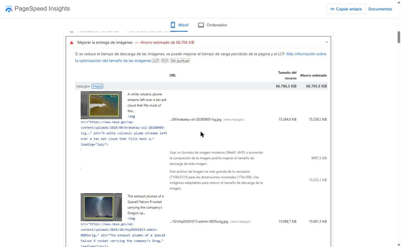 Informe de PageSpeed Insights con imágenes demasiado pesadas